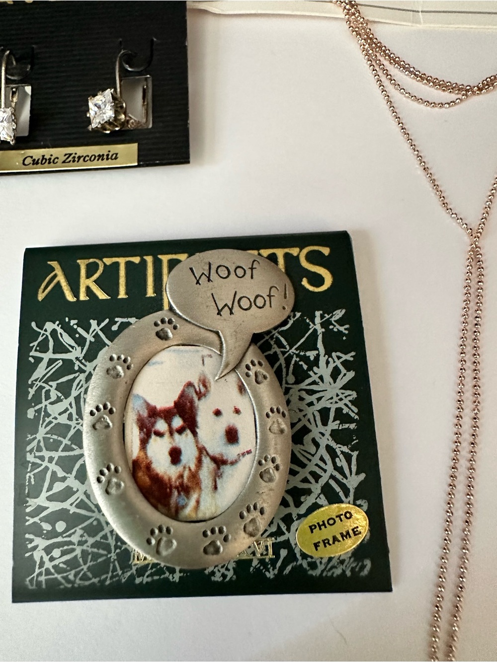 Jewelry lot 8 Other Reasons Gold Layered Lariat Necklace Earrings Dog Frame pin
